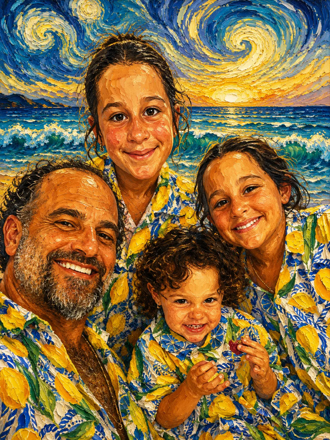 The Family Tides family together on the shore at sunset